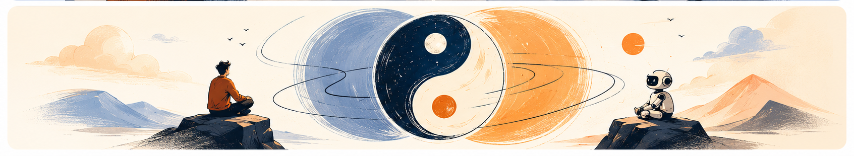 Human and AI in balance around a yin-yang symbol